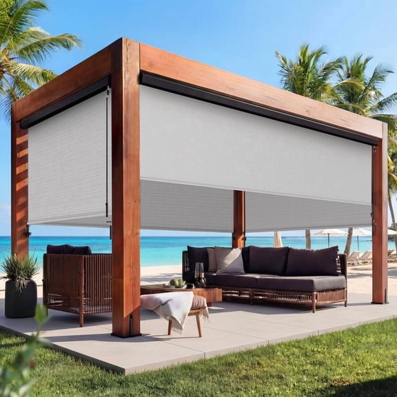 Integrated 6' W x 8' H Outdoor Roller Shade with Aluminum Valance, Assembly‑Free Crank‑Operated Blind, 420GSM Terslin Fabric 95% UV Block, Sun Shade for Porch, Gazebo, Balcony, Gray, Heynemo