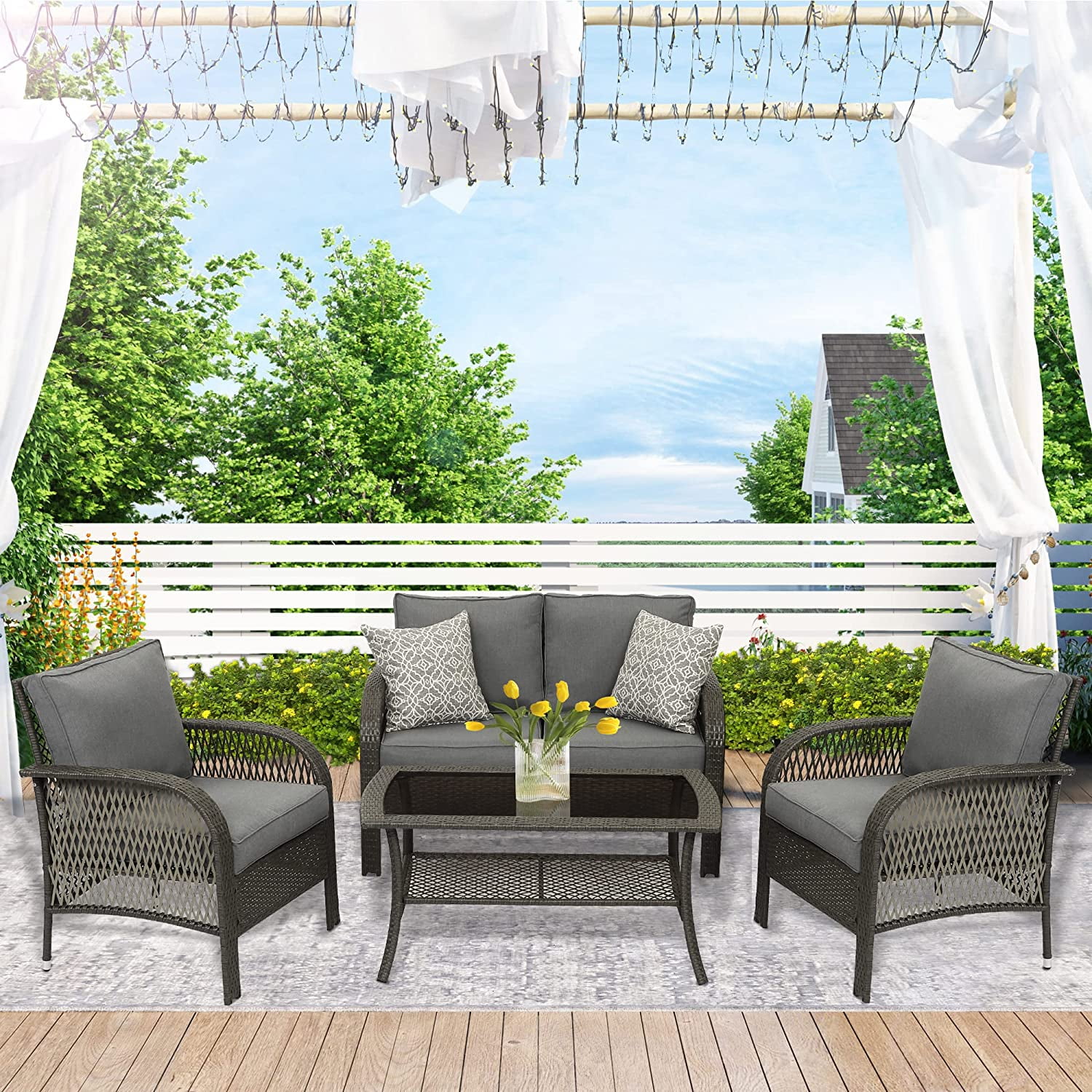 Superjoe Patio Conversation Sets 4 Pieces Outdoor Wicker Furniture Set All Weather Contemporary Grey Rattan Sofa with Coffee Table Gray