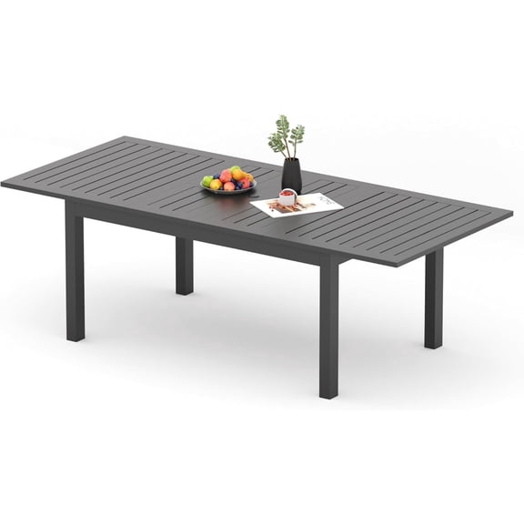 Heynemo 92” Patio Expandable Table for 4 to 10, Aluminum Outdoor Dining Table, Rectangular Patio Metal Table with Umbrella Hole, Dark Grey