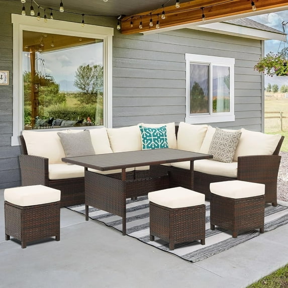 Superjoe High Curved Back 7-Piece Wicker Dining Sectional Sofa with Dining Table and Chair, Ivory