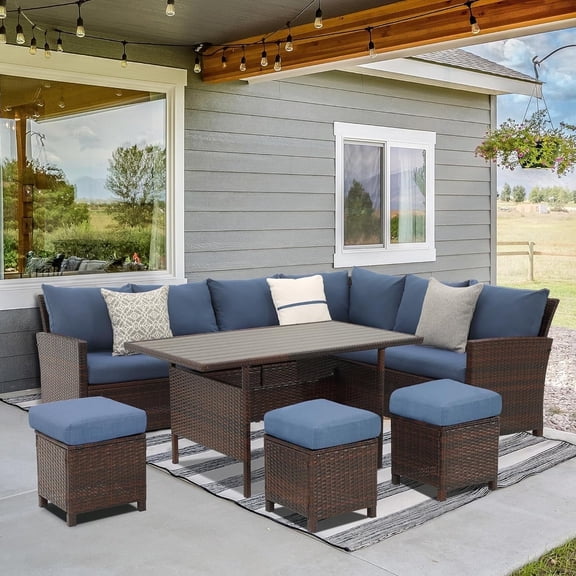 Superjoe Patio Furniture Conversation Set, 7 Piece High Curved Back All Weather Wicker Outdoor Dining Sectional Sofa with Dining Table and Chair, Blue