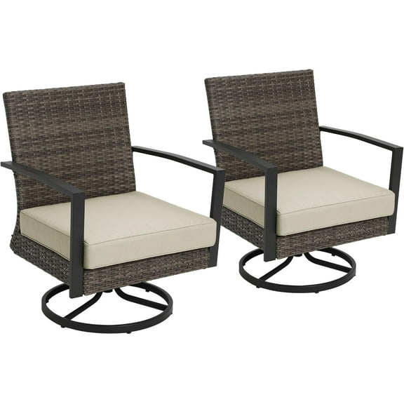 Superjoe Patio Swivel Dining Chairs with 360-Degree Rotating, All Weather Rattan Chairs with Water-Resistant Cushions & Metal Frame, Modern Outdoor Rocking Chair for Porch, Bistro, Balcony, Beige