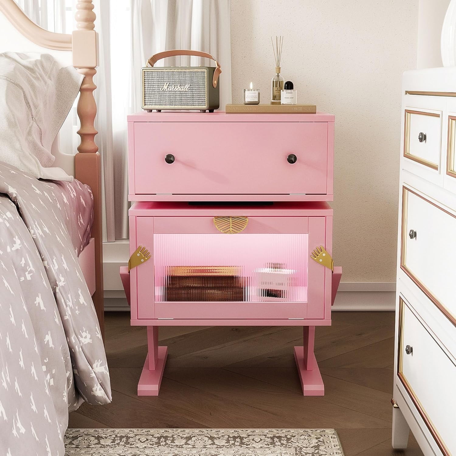 Superjoe Pink Nightstand with LED Light Strips 360° Rotating