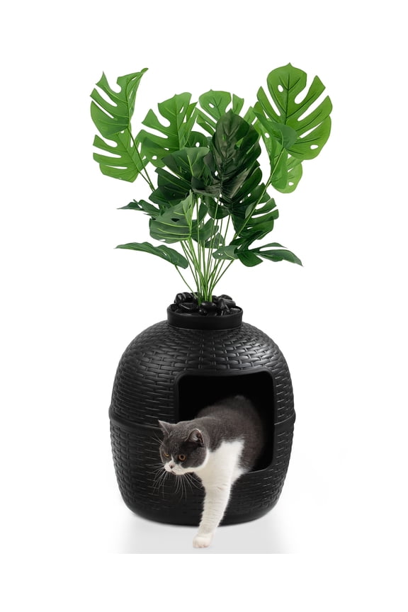 Plant Hidden Cat Litter Box Plastic Rattan DIY Home Decor, Black