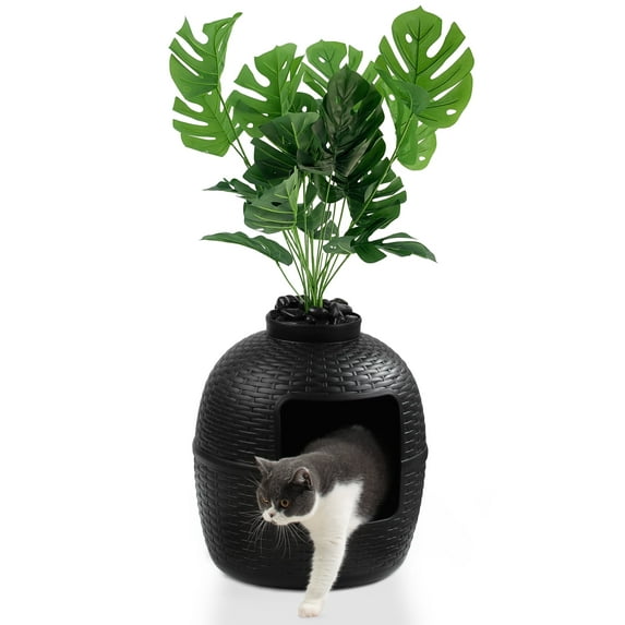 Superjoe Plant Hidden Cat Litter Box Plastic Rattan DIY Home Decor, Black