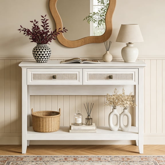 Heynemo Rattan Entryway Table, Boho Console Table with Widened Tabletop, Farmhouse Sofa Table with Storage Shelf, Grayish White Foyer Table