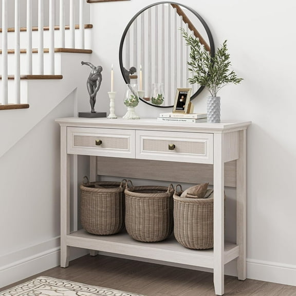 Superjoe Rattan Entryway Table, Boho Console Table w/Widened Tabletop, Farmhouse Sofa Table w/Storage Shelf, Grayish White Foyer Table