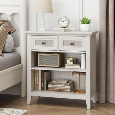 Superjoe Rattan Storage Cabinets, Accent Boho Storage Cabinet with 2 Drawers and 2 Shelves, Multipurpose Modern Storage Cabinet for Living Room, Entryway, Front Hall, Hallway, White