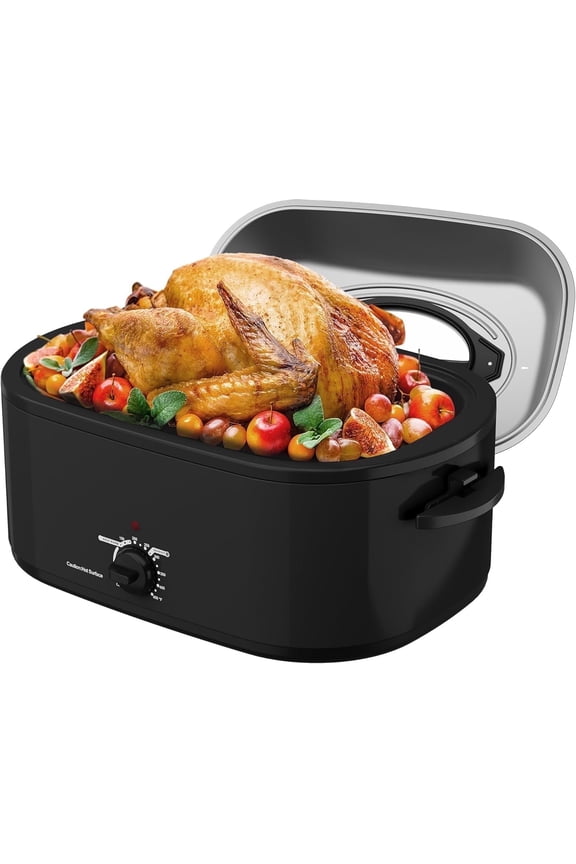 Roaster Oven 28 Quart, Electric Roaster Oven with Visible & Self-Basting Lid, Turkey Roaster Oven with Removable Pan & Rack, Variable Temperature Control, Stainless Steel, Black