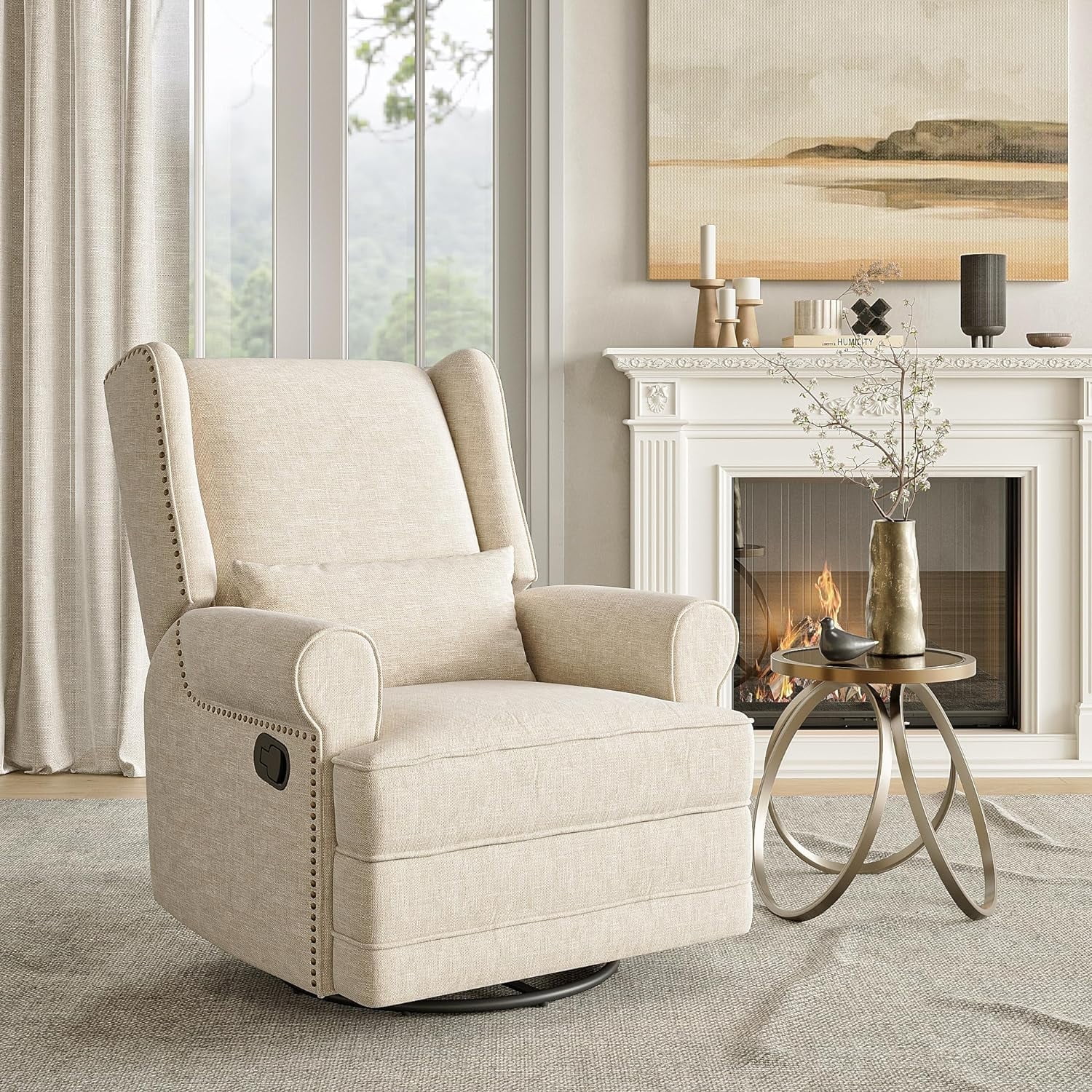 Superjoe Swivel Nursery Living Room Glider Recliner with Rocking Footrest Features Beige Upholstery