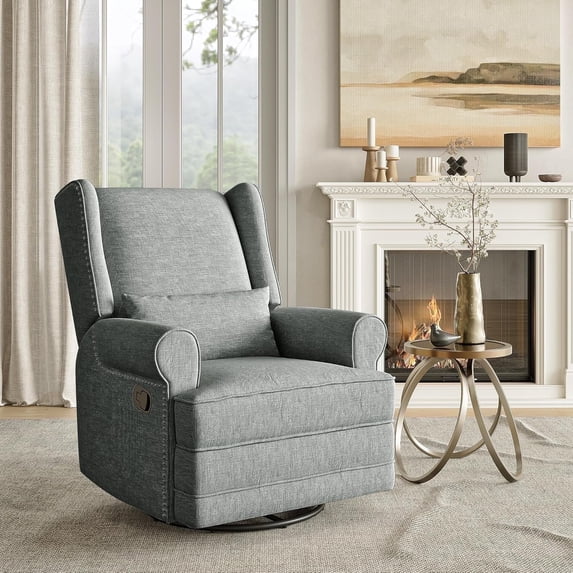 Heynemo Swivel Recliner Chair, Comfy Glider Rocking Chairs with Lumbar Pillow and Footrest, Upholstered Swivel Rocking Chair for Bedroom,Nursery, Dark Grey