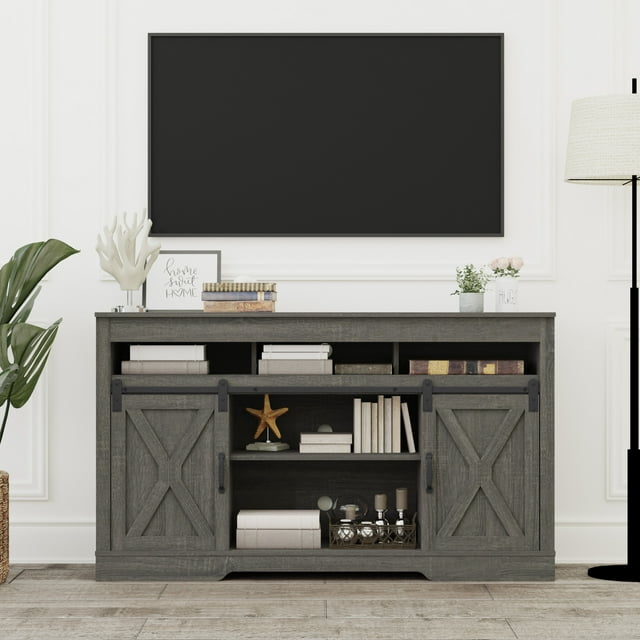Superjoe TV Stand for 70" TVs, Modern Media Console Storage w/Sliding Barn Doors, Wooden