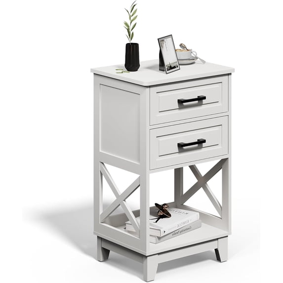 Superjoe Tall Nightstand Set of 1, Side Table with 2 Drawers and Open Shelf Below, Bedside Table with Solid Feet, Modern Night Stand End Table for Bedroom, Living Room, Home Office, White