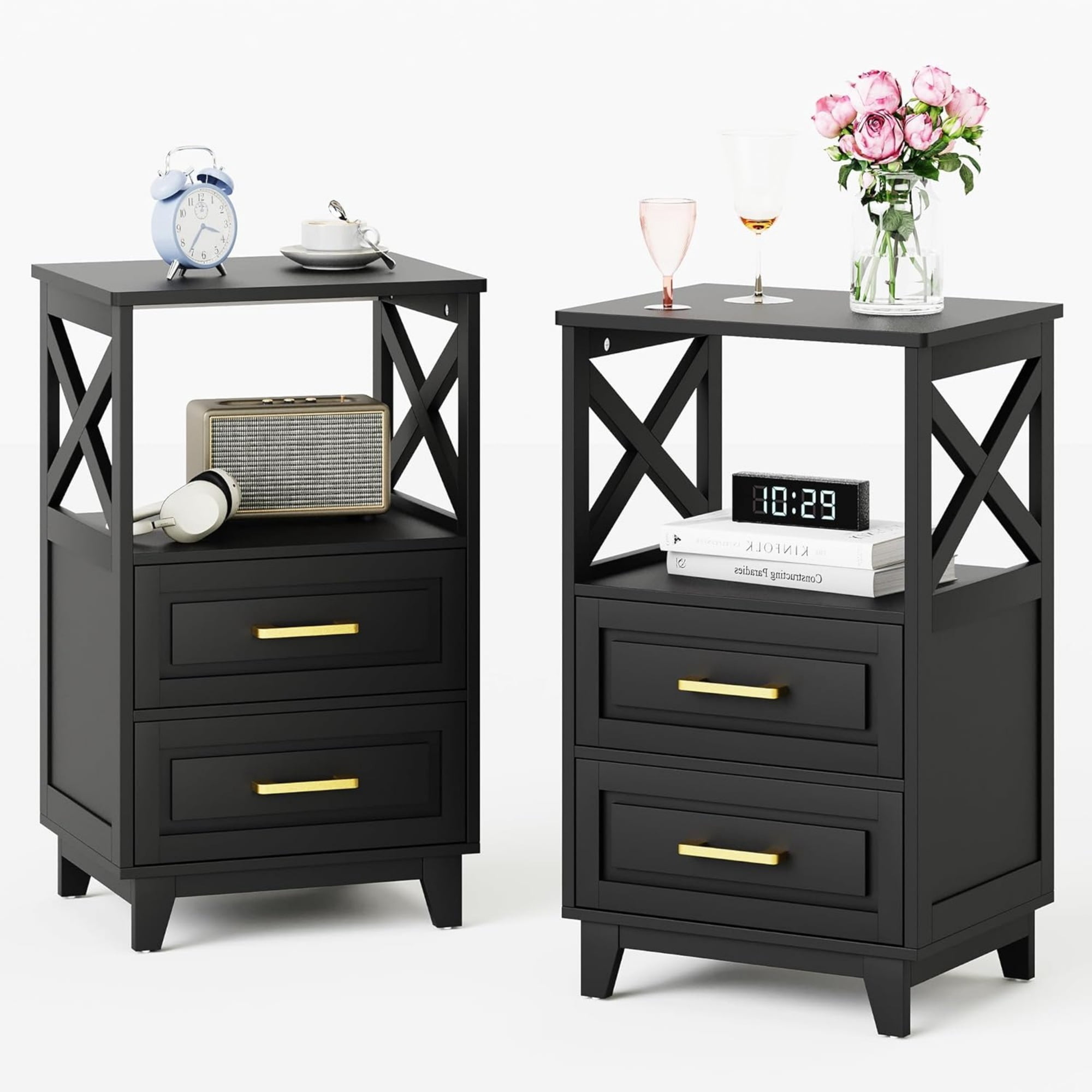 Superjoe Tall Nightstand Set of 2, Side Table with 2 Drawers and Open ...