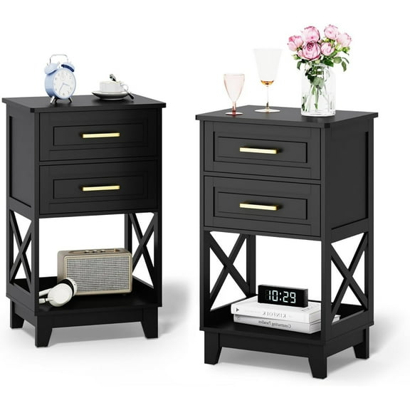 Superjoe Tall Nightstand Set of 2, Side Table with 2 Drawers and Open Shelf Below, Bedside Table with Solid Feet, Modern Night Stand End Table for Bedroom, Living Room, Home Office, Black