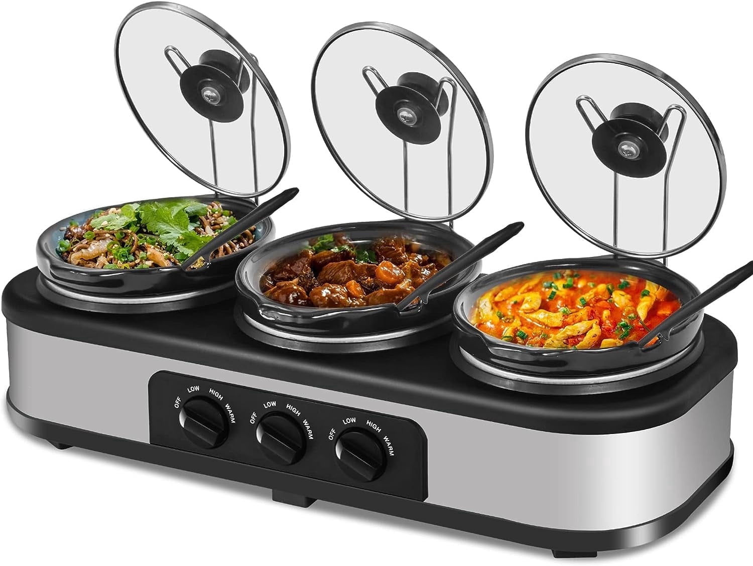 Superjoe Triple Slow Cooker, 3x1.5 Quart Electric Slow Cooker Buffet Server, Food Warmer Cooking Pot, Adjustable Temp Removable Ceramic Pots Lid Rests