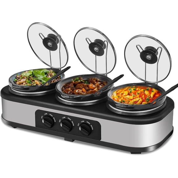 Superjoe Triple Slow Cooker, 3x1.5 Quart Electric Slow Cooker Buffet Server, Food Warmer Cooking Pot, Adjustable Temp Removable Ceramic Pots Lid Rests