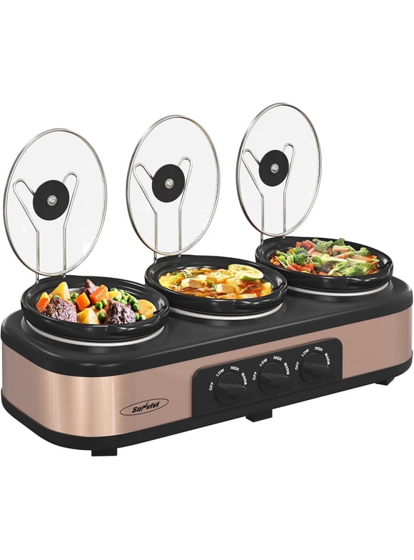 Superjoe Triple Slow Cooker Buffet Servers and Warmer,3 Pot Food Small Mini Manual Slow Cooker with Adjustable Temp Stainless Steel Lid Rests,Removable Ceramic Pot,4.5 QT