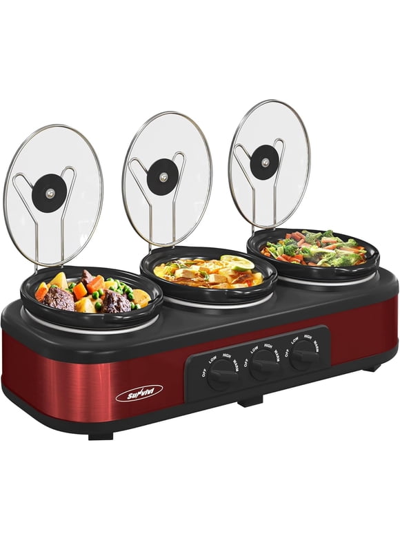 Superjoe Triple Slow Cooker Buffet Servers and Warmer,3 Pot Food Small Mini Manual Slow Cooker with Adjustable Temp Stainless Steel Lid Rests,Removable Ceramic Pot,4.5 QT Red