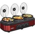 thumbnail image 1 of Superjoe Triple Slow Cooker Buffet Servers and Warmer,3 Pot Food Small Mini Manual Slow Cooker with Adjustable Temp Stainless Steel Lid Rests,Removable Ceramic Pot,4.5 QT Red, 1 of 8