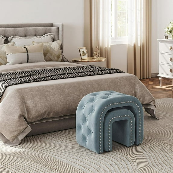 Superjoe Velvet Ottoman Set of 2 Blue Vanity Chair Foot Stools, Upholstered Sofa Bench with Tufted Design for Entryways, Living Room, Makeup Room and Bedroom