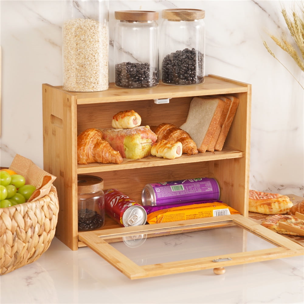  Purbambo Bamboo Bread Box for Kitchen Countertop, Double Layer  Roll-top Bread Storage Boxes Food Keeper With Adjustable Middle Shelf: Home  & Kitchen