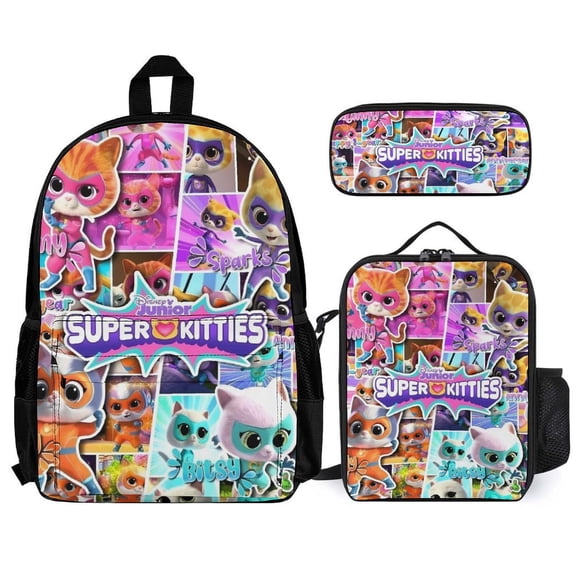 Superkitties Fun cartoon three-piece backpack set: includes backpack lunch box and pencil case One size