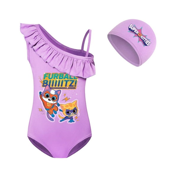 Superkitties girls' one-piece swimsuit, children's movie and TV game cartoon elements, milk silk suspender one-piece swimsuit, bikini swim cap two-piece set, suitable for children aged 3-10