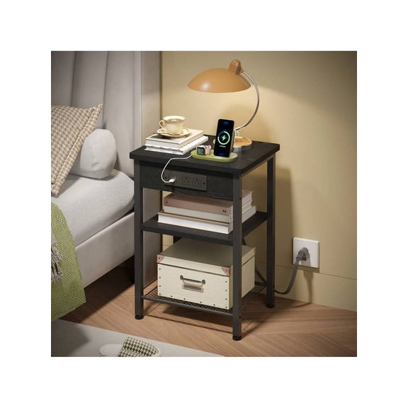 Superlele 1/2pcs 3-Tier Nightstand with Charging Station - Fabric Drawer Storage End Table for Bedroom