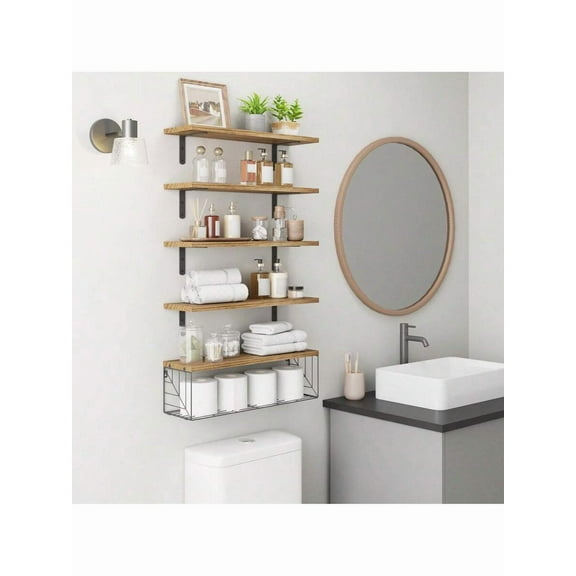 Superlele 5/4/3 Tier Floating Shelves Over Toilet With Basket, 15.8in Rustic Farmhouse Wooden Wall Shelves For Bathroom, Kitchen, Living Room & Bedroom Decor And Storage