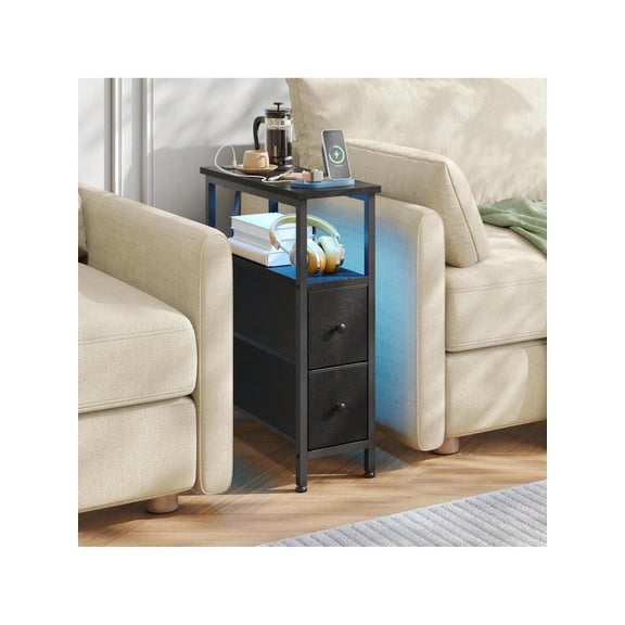 Superlele End Table With Charging Station, Narrow Side Table With 2 Fabric Drawers, Slim Nightstand With LED Light, Small Bedside Table With Storage, Living Room, Bedroom Furniture