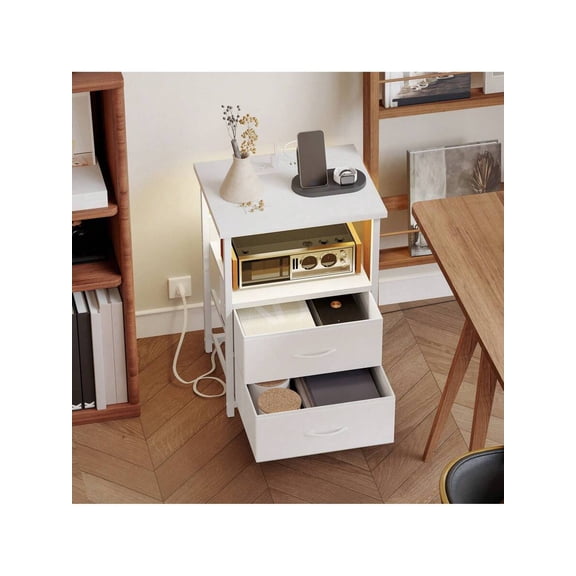 Superlele Side Table With Charging Station, LED Nightstand With U-S-B Ports And Outlets, 2 Fabric Storage Drawers With PU Finish, Bedside Table, Black / White