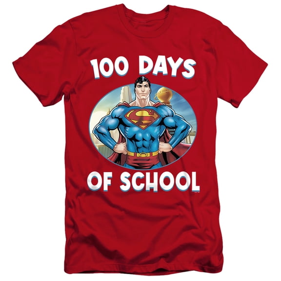 Superman 100 Days of School Unisex Adult Canvas Brand T Shirt, Red, Medium