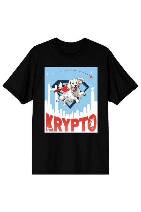 Superman 2025 Krypto Flying Above Metropolis Adult Black Crew Neck Short Sleeve T-shirt-Large
