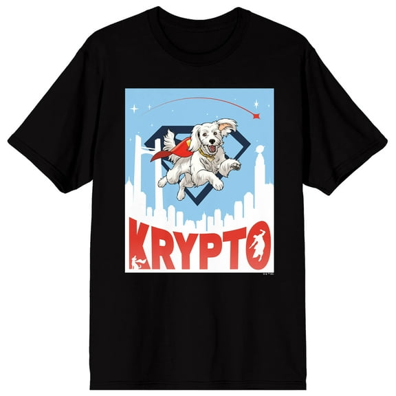 Superman 2025 Krypto Flying Above Metropolis Adult Black Crew Neck Short Sleeve T-shirt-XS