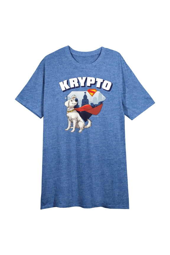 Superman 2025 Krypto Skyline Pose Women's Blue Heather Crew Neck Short Sleeve Night Shirt-XL