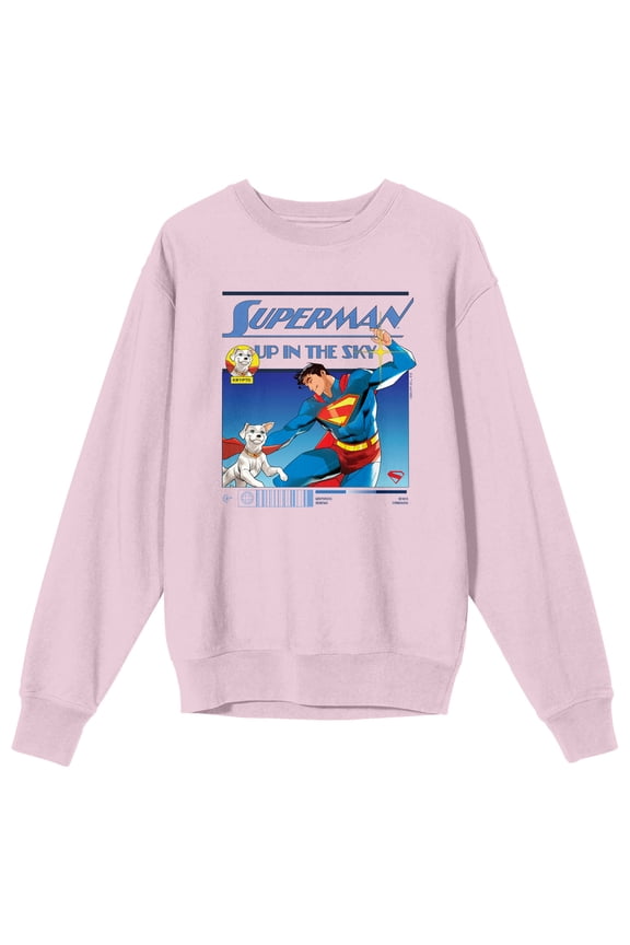 Superman 2025 Krypto & Superman Comic Art Adult Cradle Pink Crew Neck Long Sleeve Sweatshirt-XL