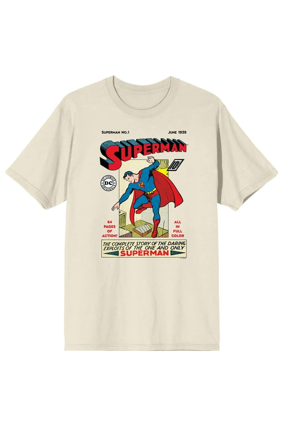 Superman 90th Anniversary DC Retro Comic Cover Art Crew Neck Short Sleeve Men's Natural T-shirt-Large