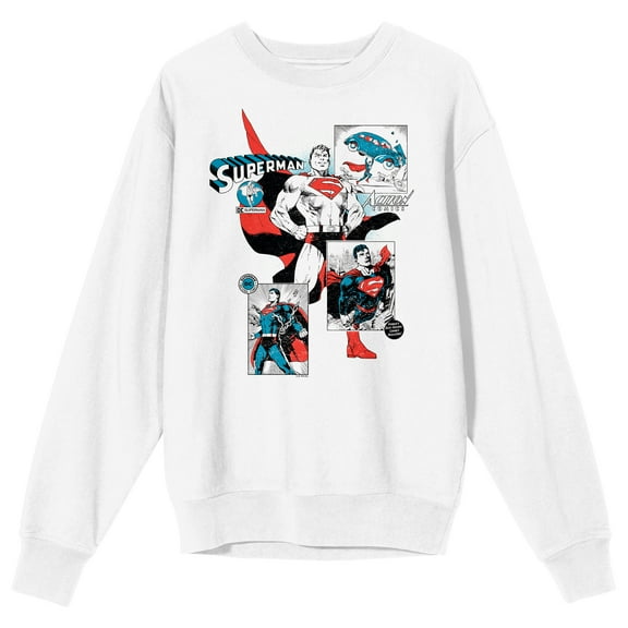 Superman 90th Anniversary Kal-El Retro Comic Art Crew Neck Long Sleeve Adult White Sweatshirt-Large