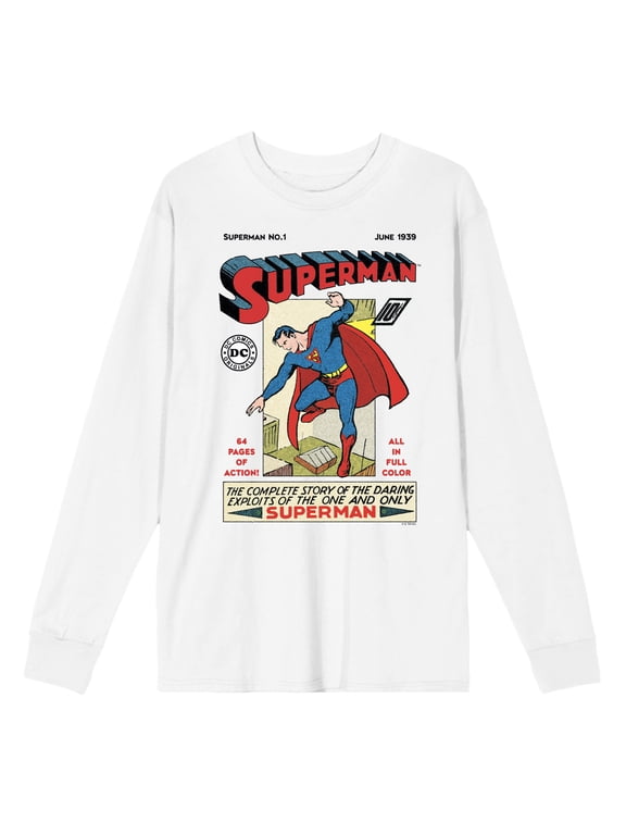 Superman 90th Anniversary Retro Comic Cover Men's White Crew Neck Long Sleeve Shirt-Medium