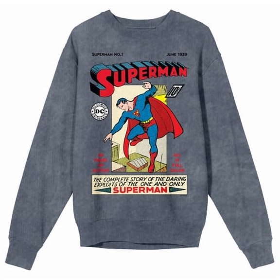 Superman 90th Anniversary Retro Cover Art Adult Mineral Wash Dark Slate Crew Neck Long Sleeve Sweatshirt-XL