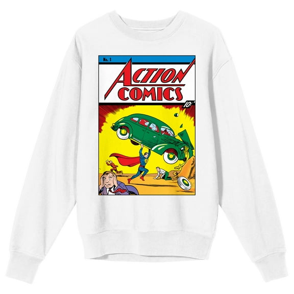 Superman Action Comic Issue No. 1 Cover Crew Neck Long Sleeve Men's White Sweatshirt-3XL