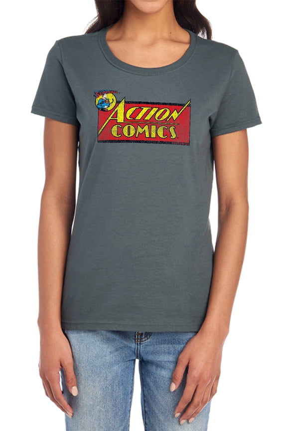 Superman Action Comics Logo Women's T Shirt, Charcoal, Small