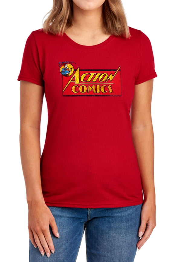 Superman Action Comics Logo Women's T Shirt, Red, Medium