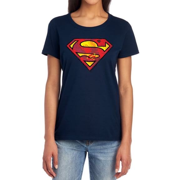 Superman Action Shield Women's T Shirt, Navy, Large