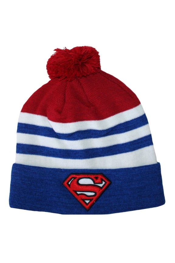 Superman Adult Striped Pom Cuff Beanie Hat