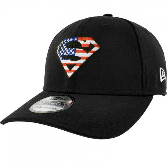 Superman American Flag Logo Black Colorway New Era 39Thirty Fitted Hat-Medium/Large