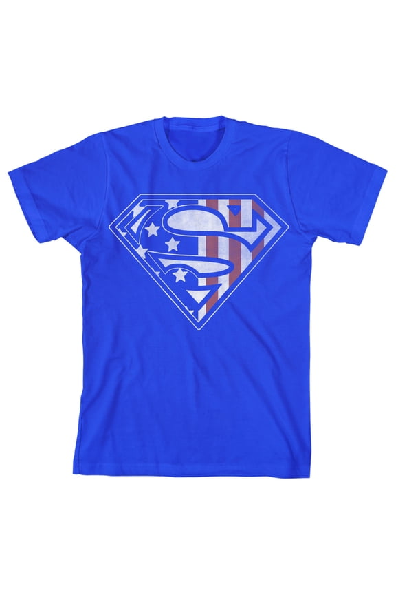 Superman American Flag Logo Boy's Royal Blue T-shirt-M