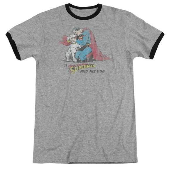 Superman And His Dog Adult Ringer T-Shirt Heather Black