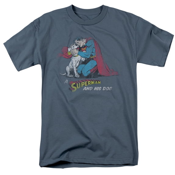 Superman And His Dog Unisex Adult T Shirt, Slate, Small